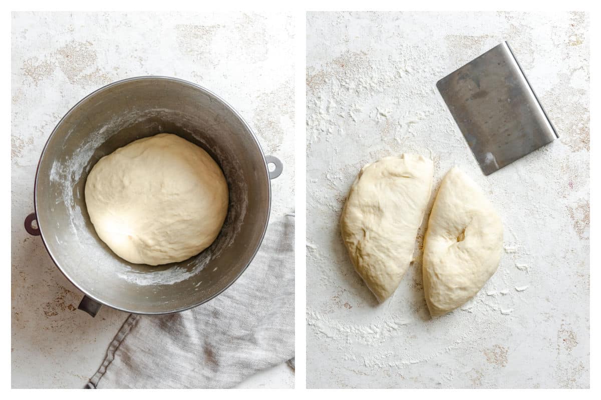 Risen breadstick dough in a bowl next to dough cut in half. 