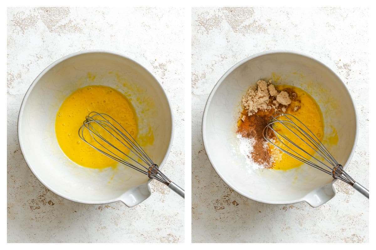 Beaten egg in a bowl next to egg and sugar in a bowl.