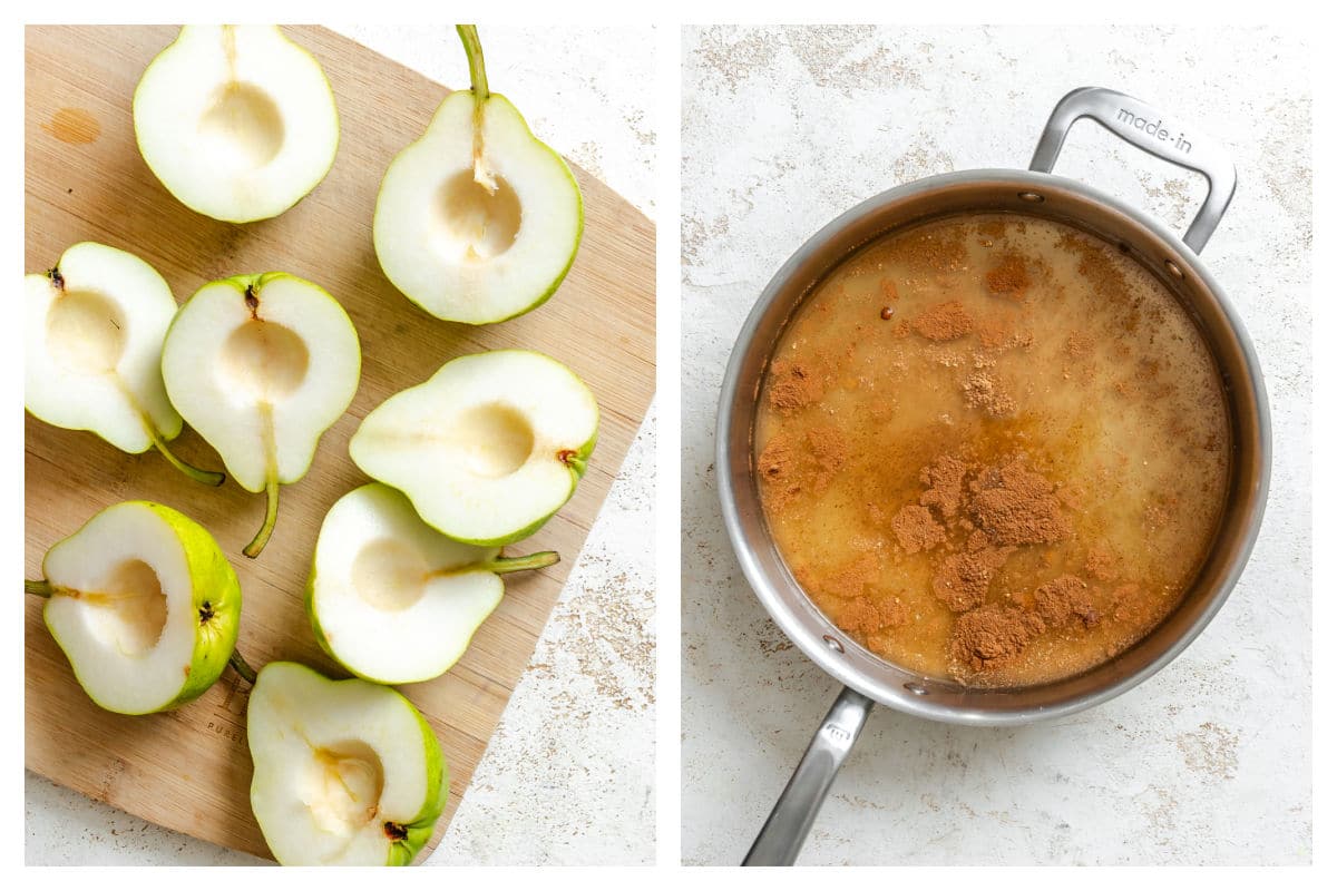 Sliced pears on a cutting board next to cider and spices in a pan. 