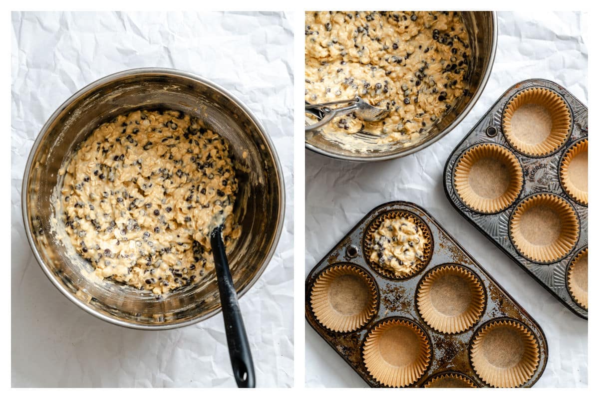 Oatmeal chocolate chip batter in a mixing bowl next to the batter in a muffin tin. 