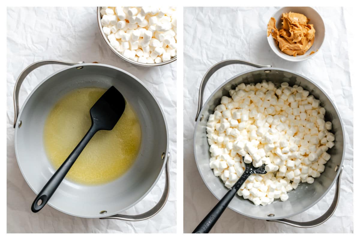 The peanut butter treats CRISPES rice A bowl of melted butter next to the small yop in the butter bowl.