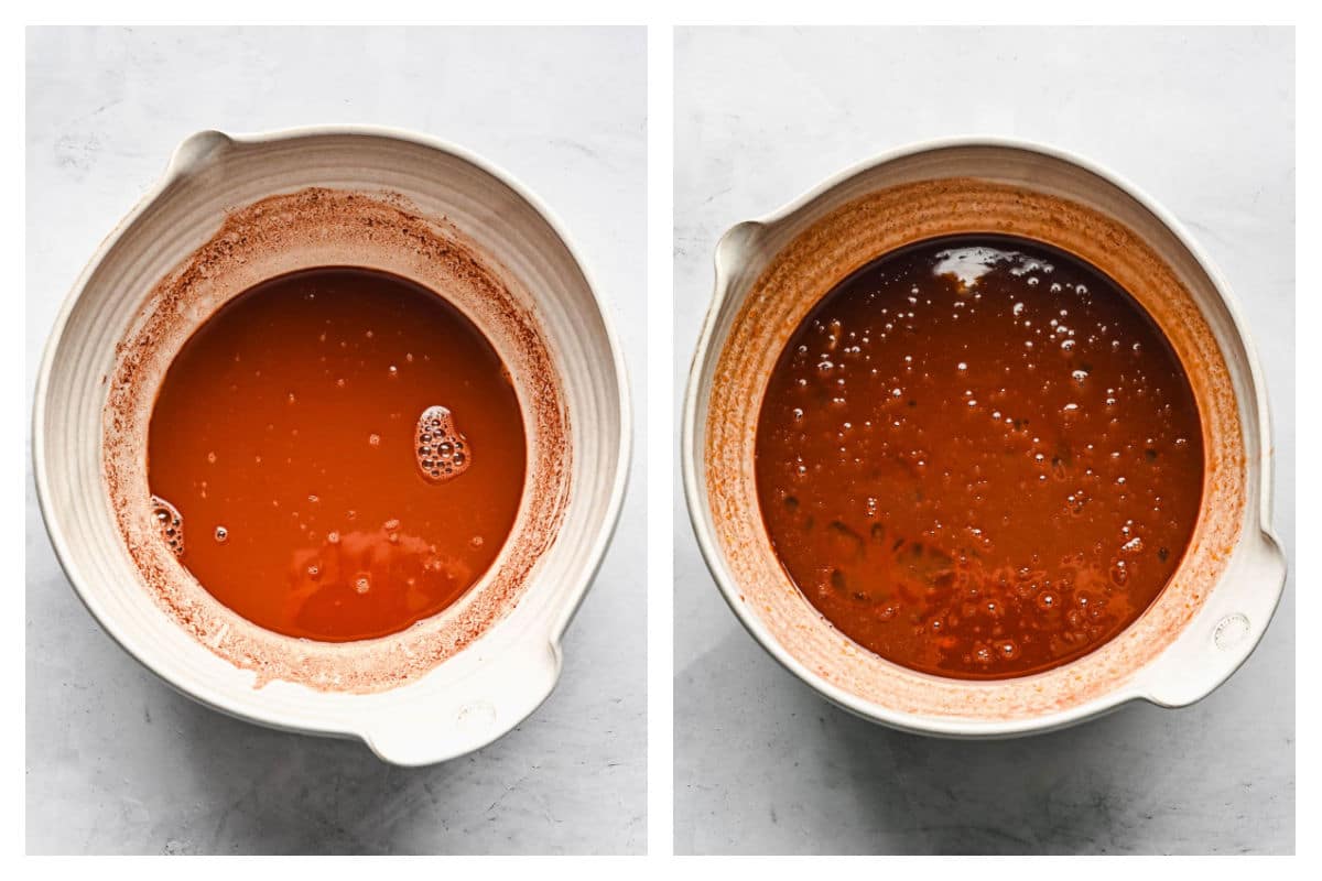 Cocoa powder blooming in hot water.