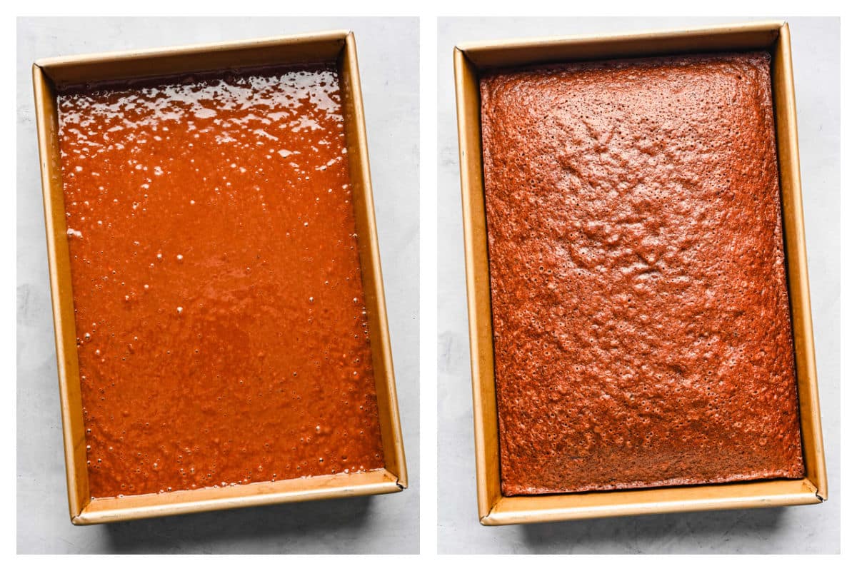 German chocolate cake batter in a pan next to the baked cake in a pan. 