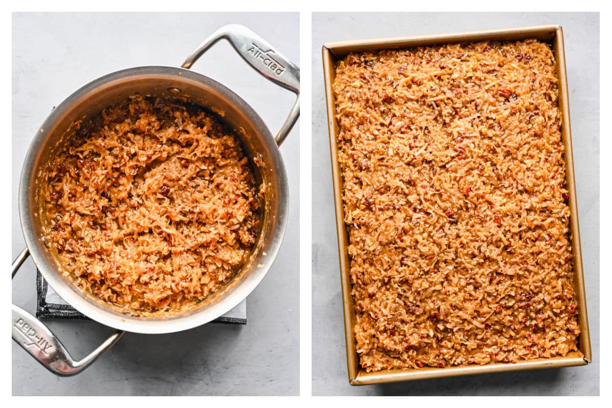 A pot of German chocolate cake frosting next to a frosted German chocolate cake. 