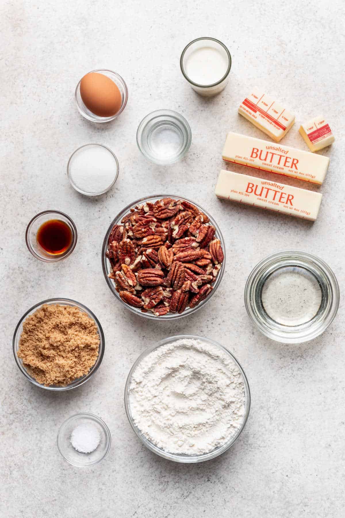 Ingredients for pecan pie  bars in dishes. 