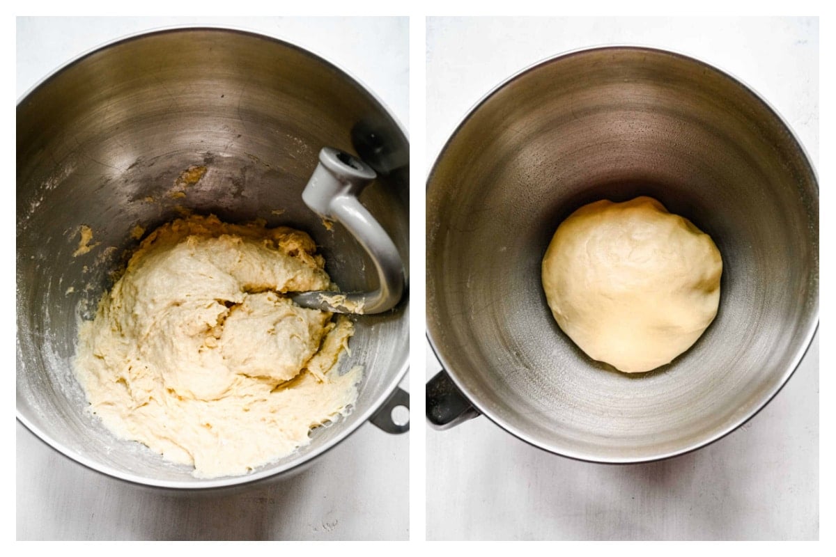 Shaggy dough in a mixing bowl next to kneaded dough in a bowl.