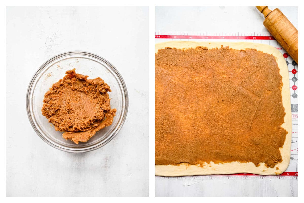 Honey bun filling in a mixing bowl next to the filling on rolled out dough.