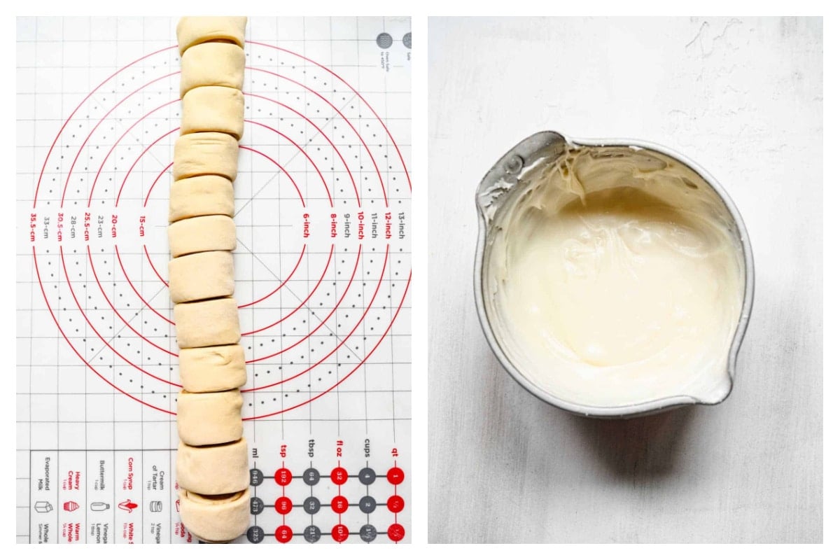 Rolled and cut honey bun dough next to honey bun icing in a mixing bowl.