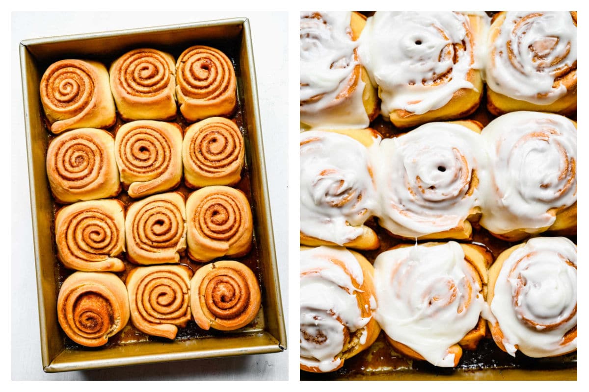 Baked honey buns in a pan next to iced honey buns.