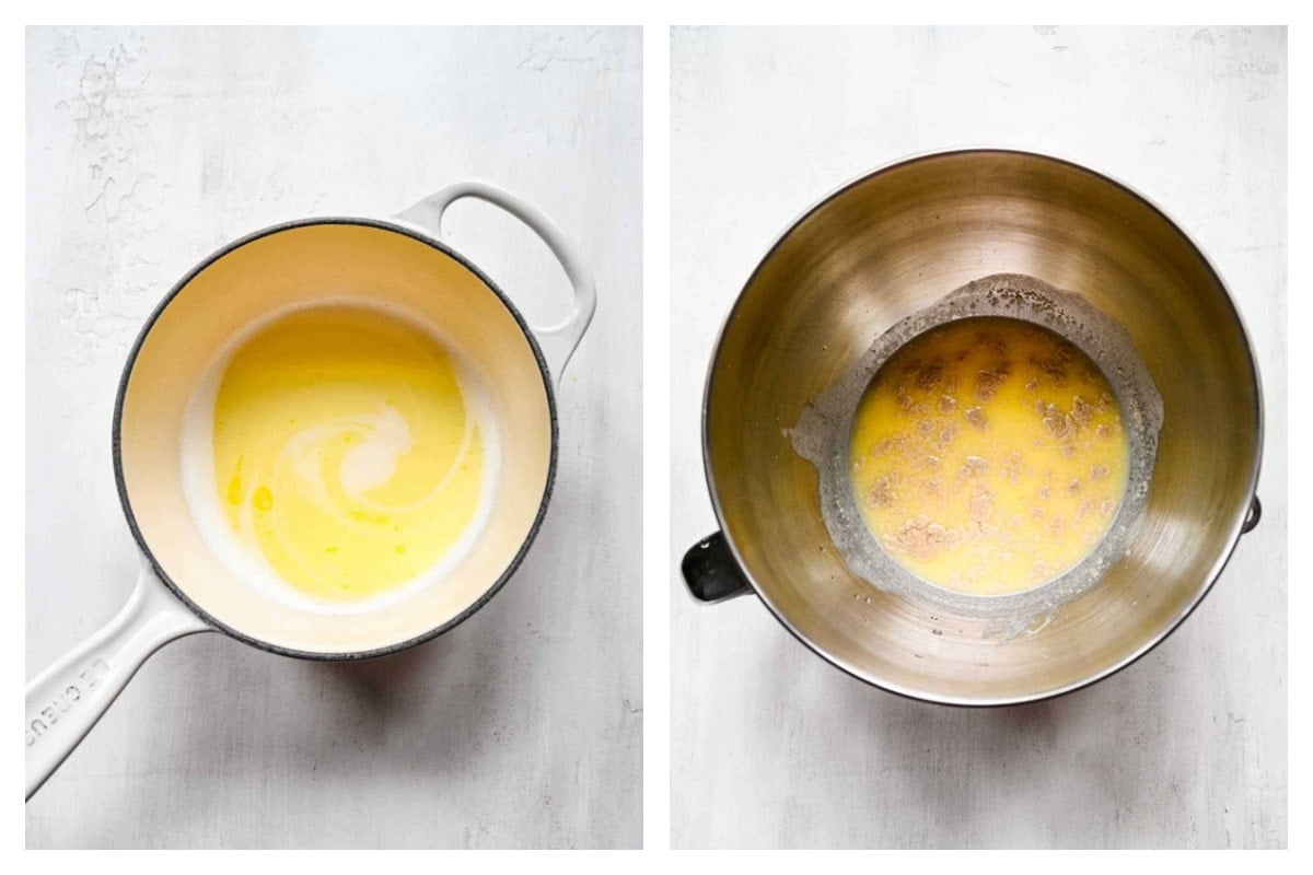 Butter in a saucepan next to yeast proofing in a mixing bowl.