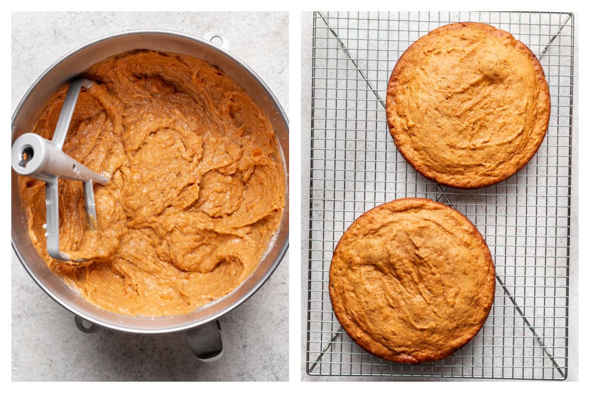 Sweet potato cake batter in a bowl next to two baked cake layers. 