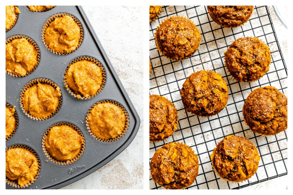 Pâte à muffins à la banane et à la citrouille dans un moule à muffins à côté de muffins cuits sur une grille de refroidissement.