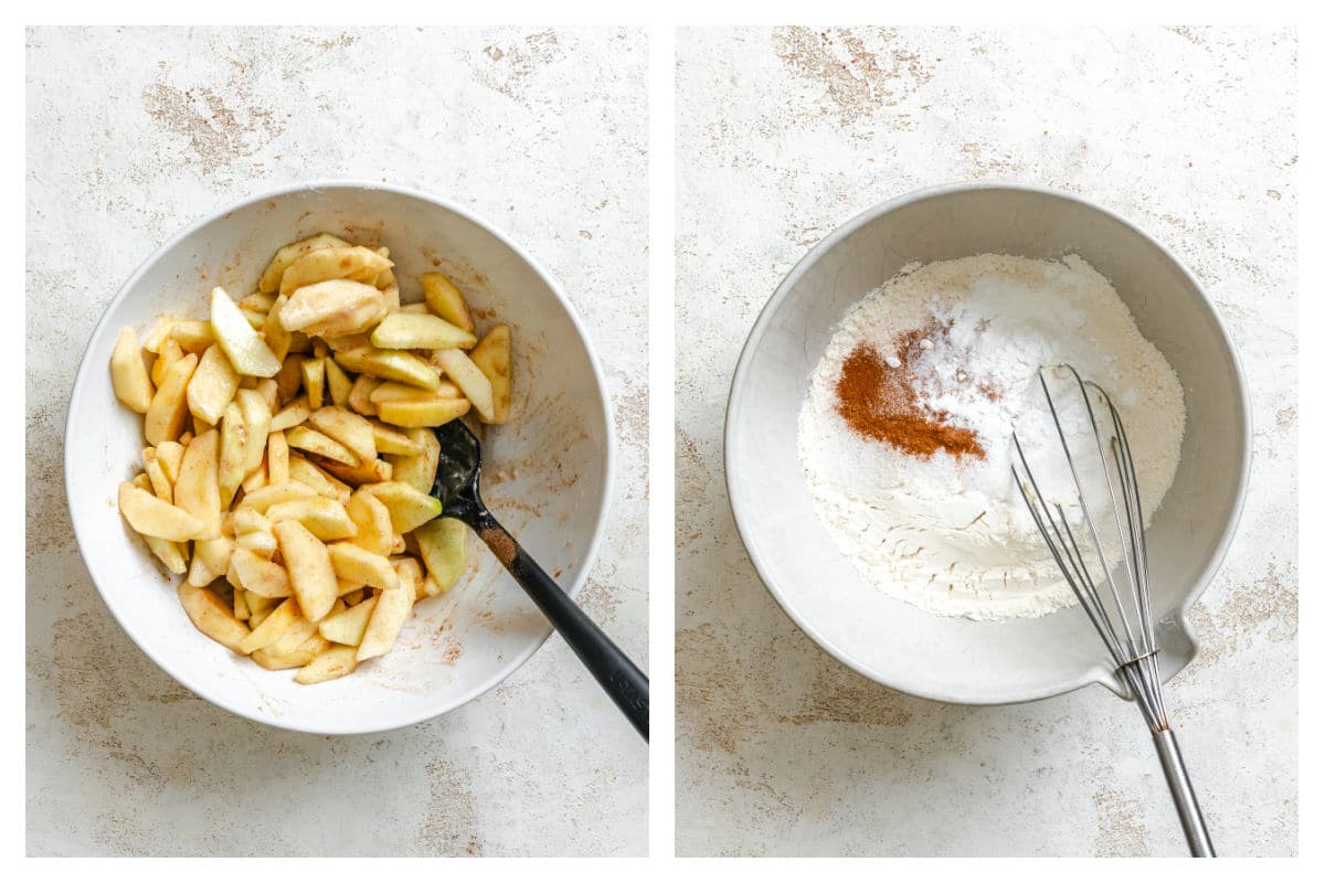 Apple filling mixture in a bowl next to dry ingredients in a bowl. 