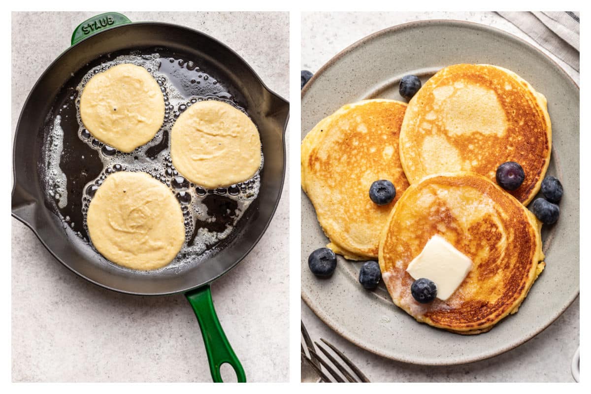 Corn cake batter cooking in butter in a skillet next to a plate of corn cakes. 