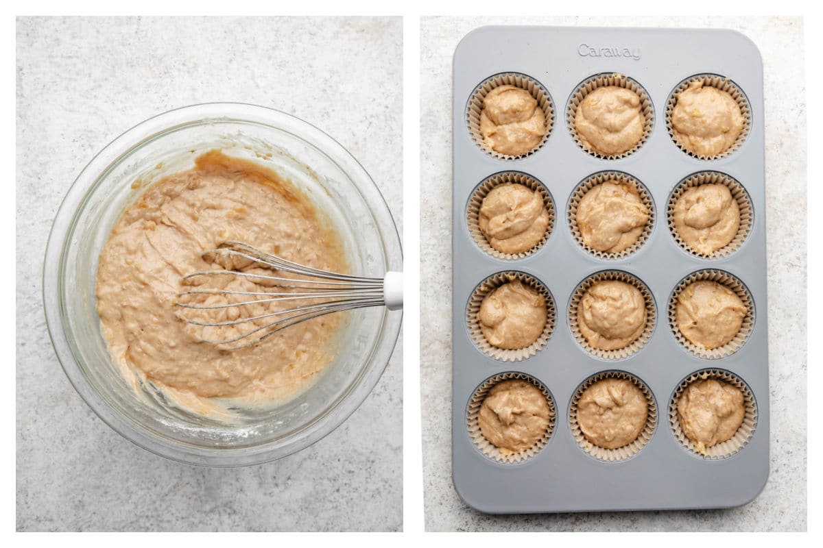 Maple banana muffin batter in a mixing bowl next to the batter in a muffin tin. 