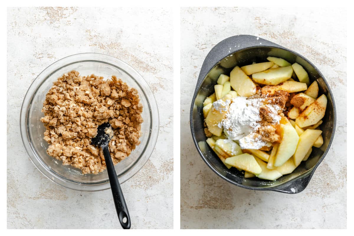 Topping in a bowl next to ingredients for apple filling in a mixing bowl.