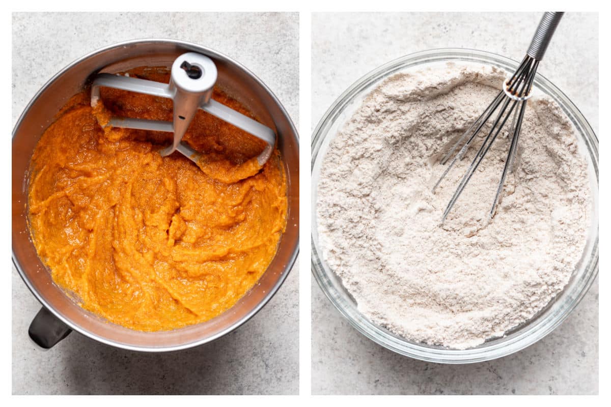 Mashed sweet potato mixed into egg mixture next to dry ingredients in a bowl. 
