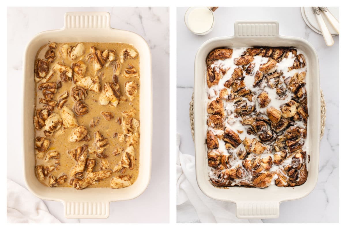 Custard poured over cinnamon roll pieces next to baked cinnamon roll casserole.