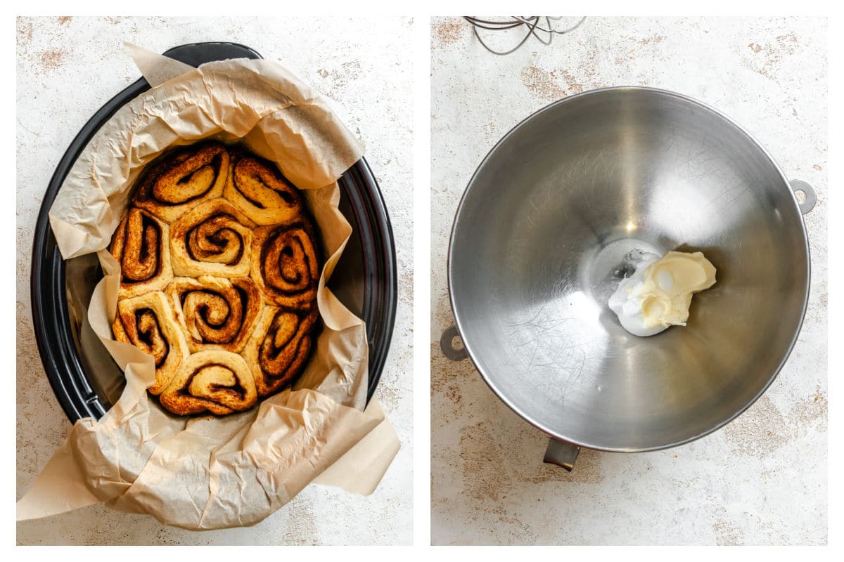 Baked cinnamon rolls in a slow cooker next to butter and cream cheese in a mixing bowl.