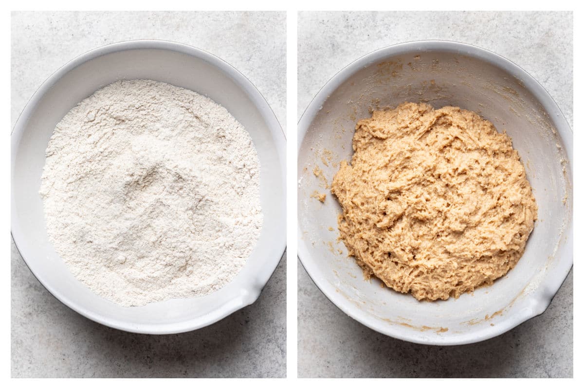 Dry ingredients for apple cider donuts in a mixing bowl next to butter mixed in. 