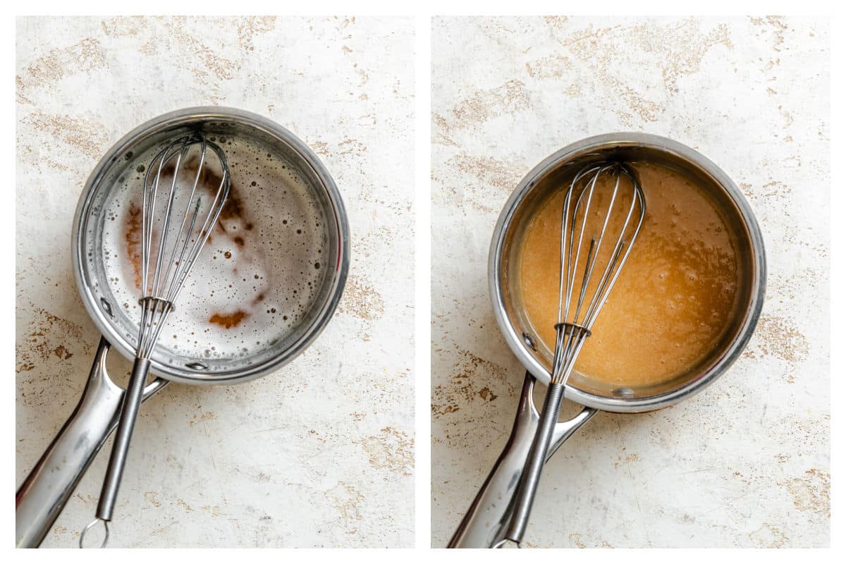 Brown butter in a saucepan next to brown butter glaze in a saucepan. 
