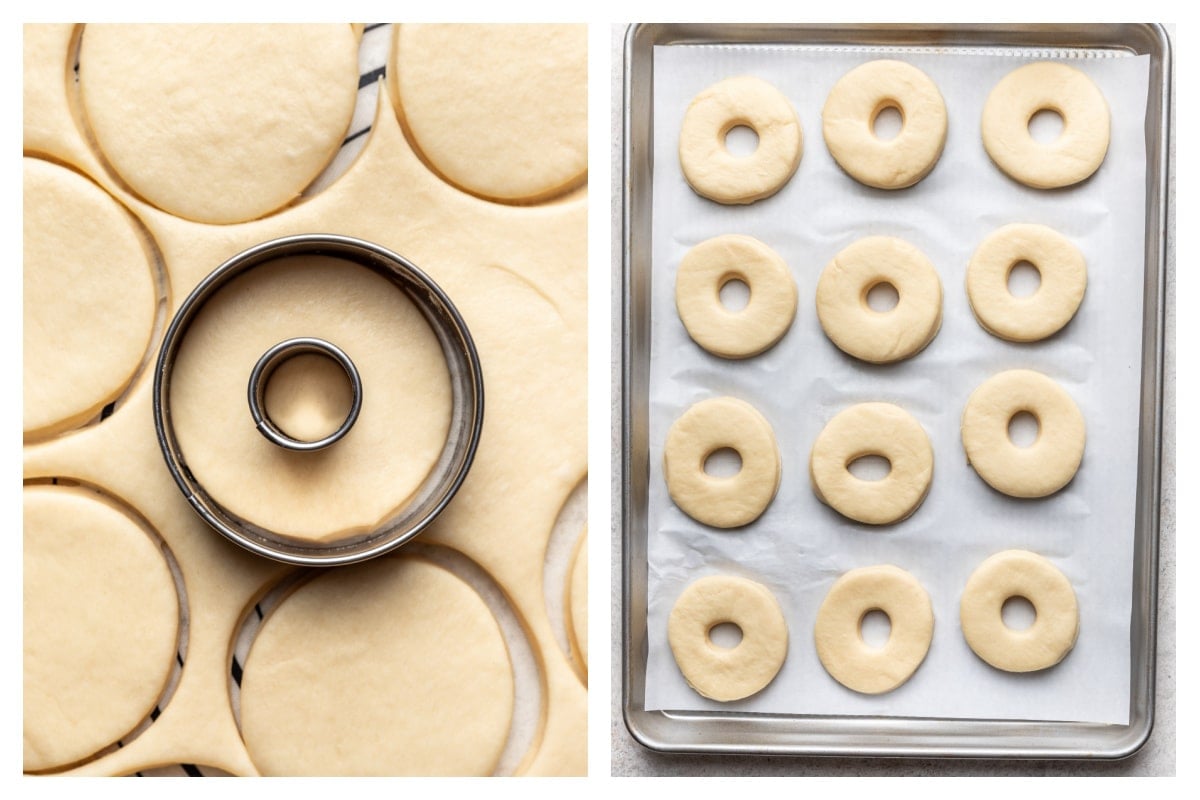 Un emporte-pièce à donuts découpant la pâte étalée à côté de la pâte à donuts sur une plaque de cuisson garnie de papier sulfurisé.