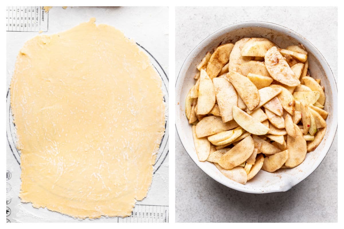 Sliced apples tossed with sugar and spices in a bowl next to rolled out pie dough. 