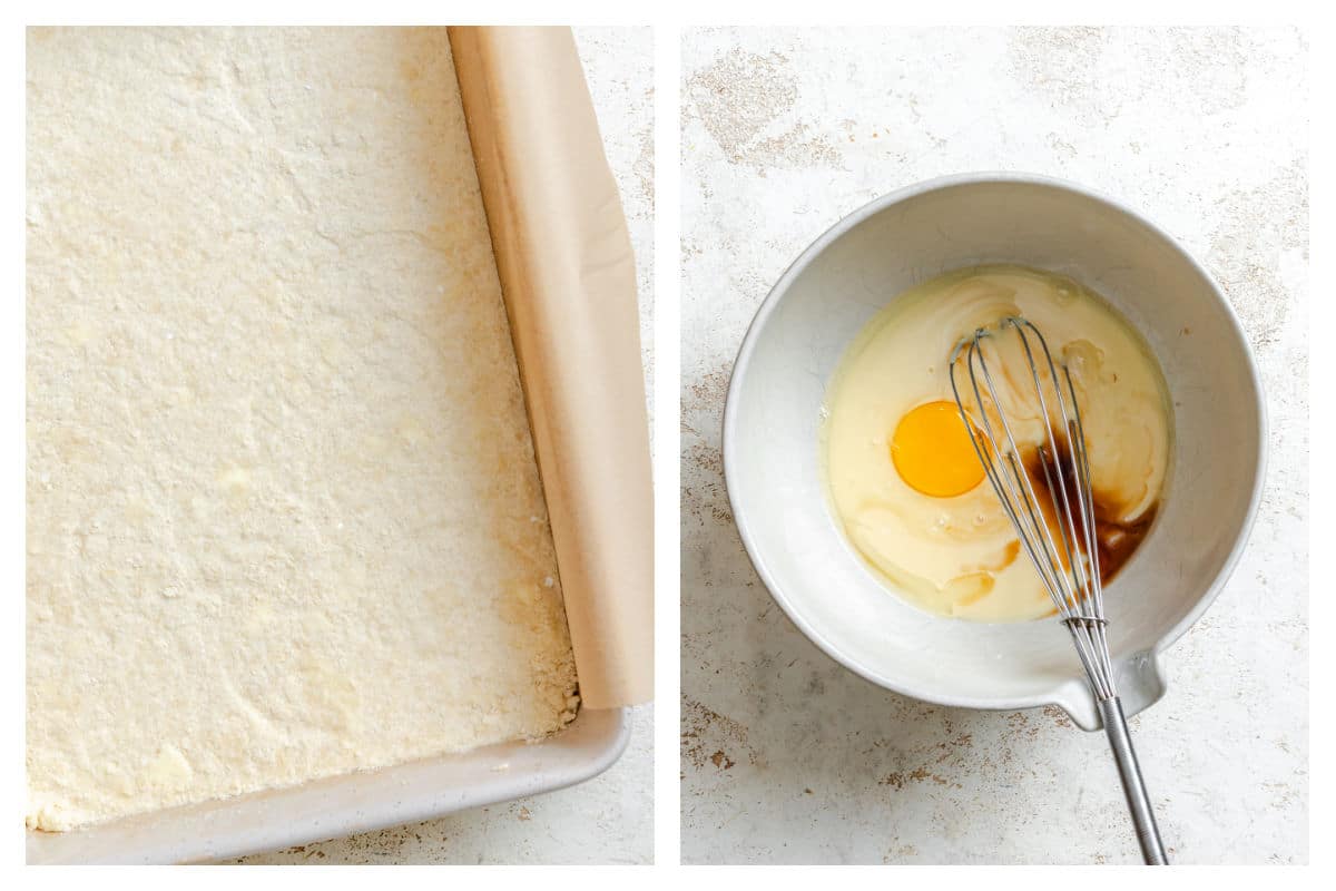 Unbaked crumb mixture in a pan next to wet ingredients in a mixing bowl. 