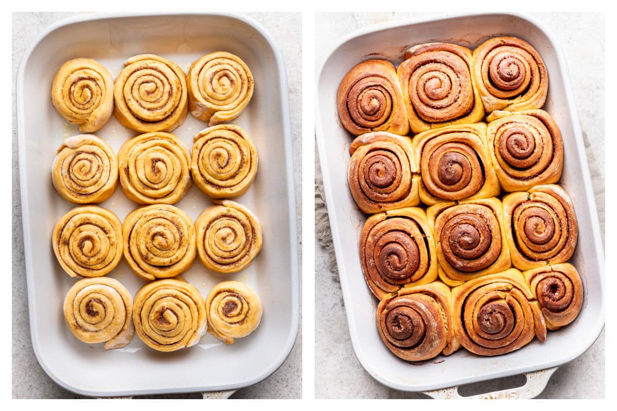 Pumpkin cinnamon roll dough in a pan next to baked pumpkin cinnamon rolls in a pan.