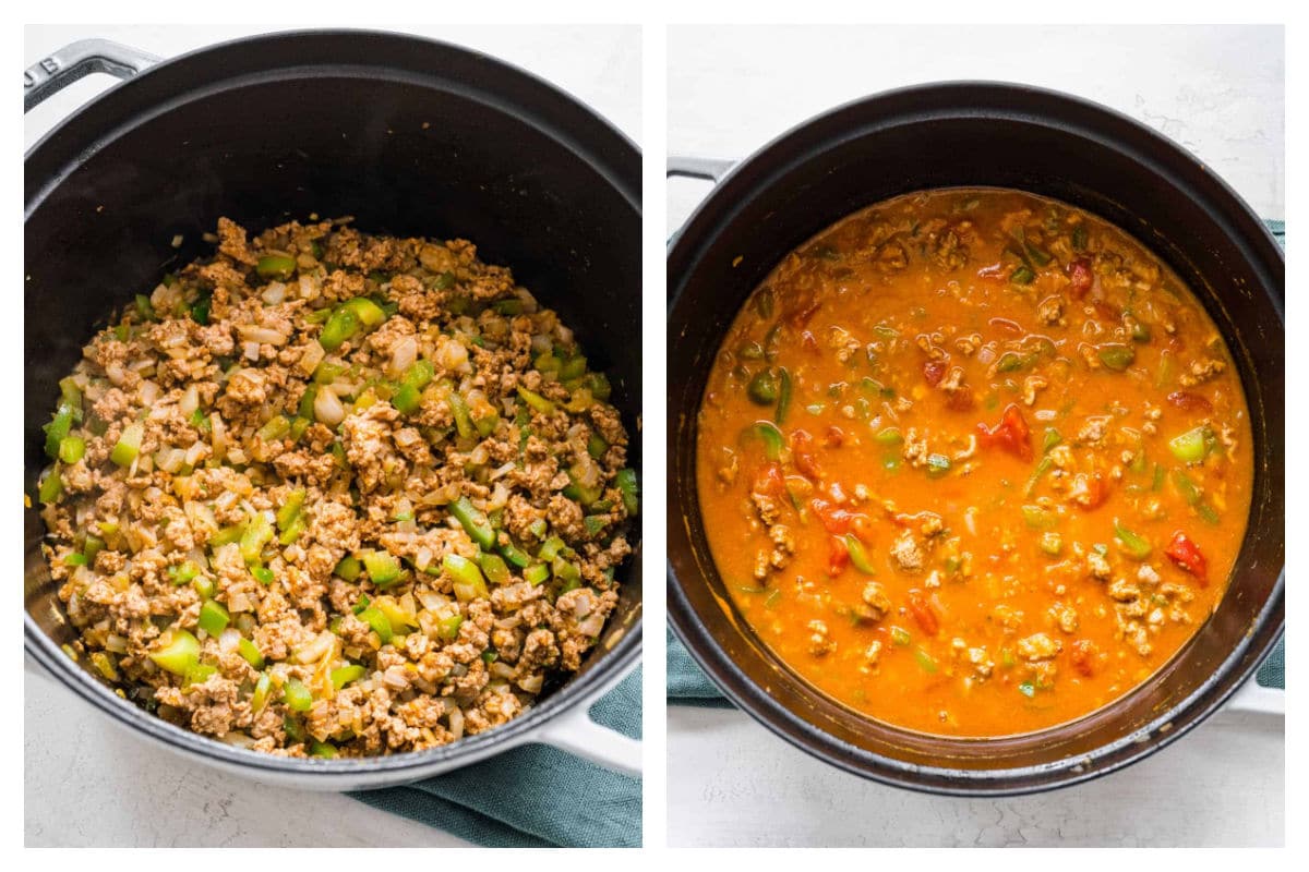 Turkey and veggie mixture sauteing in a pot next to broth and pumpkin added.