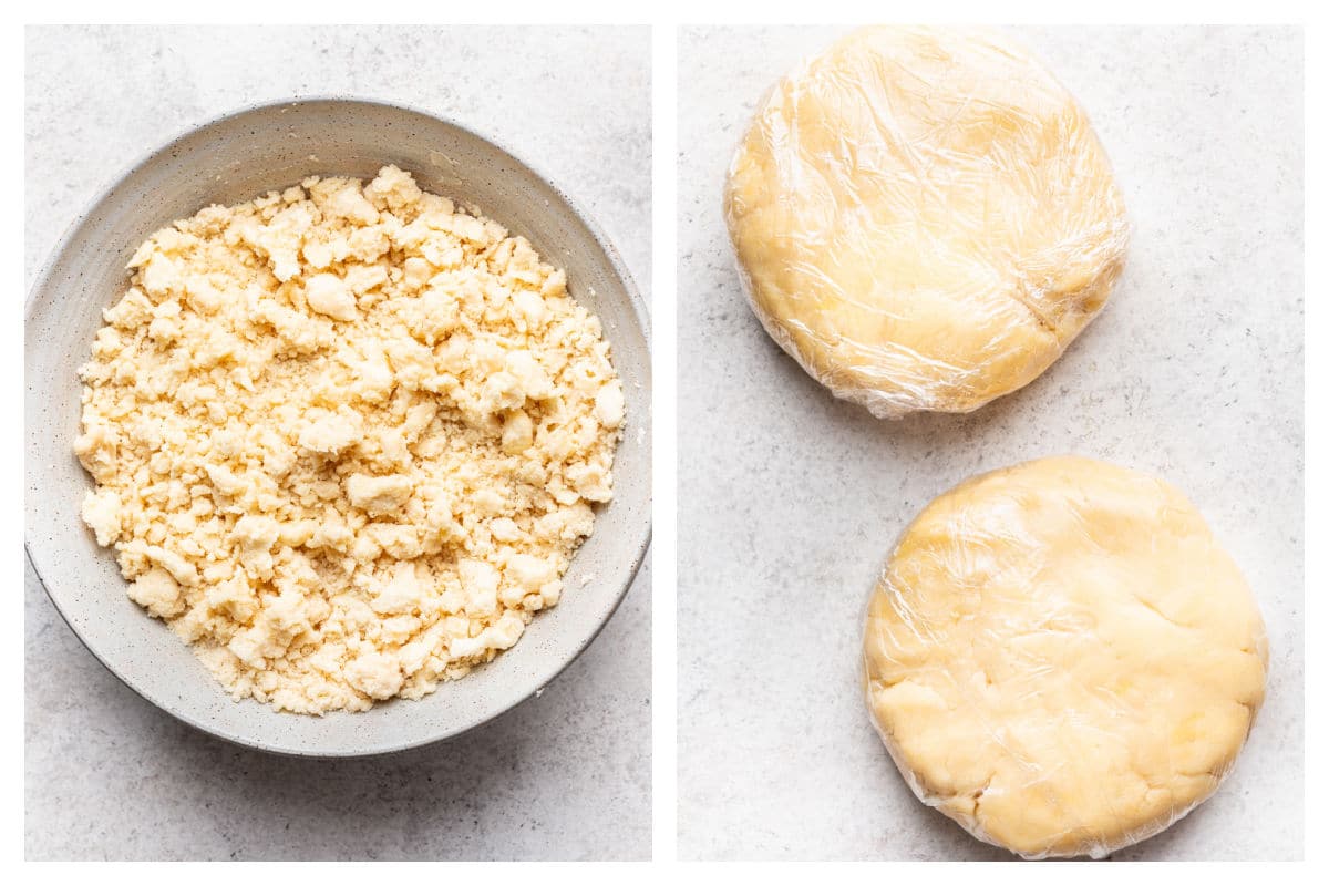 Shaggy dough in a bowl next to two disks of dough wrapped in plastic wrap. 