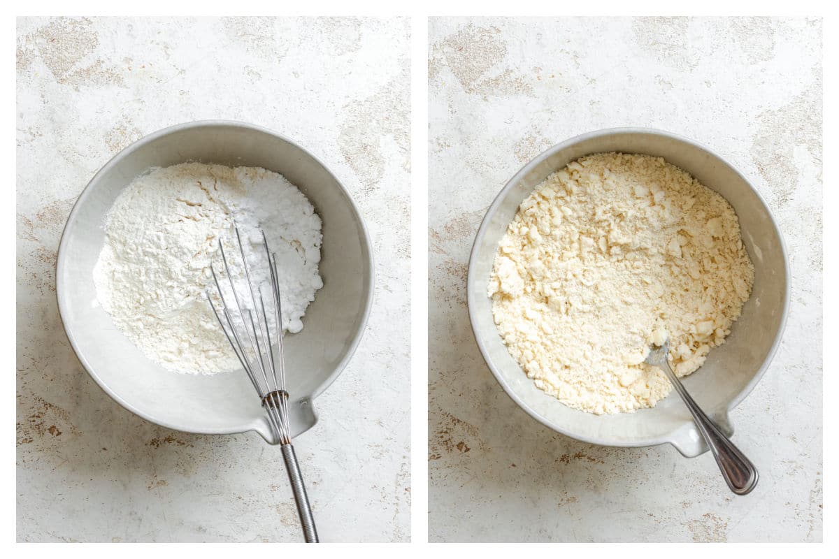 Dry ingredients whisked together next to butter cut into dry ingredients. 