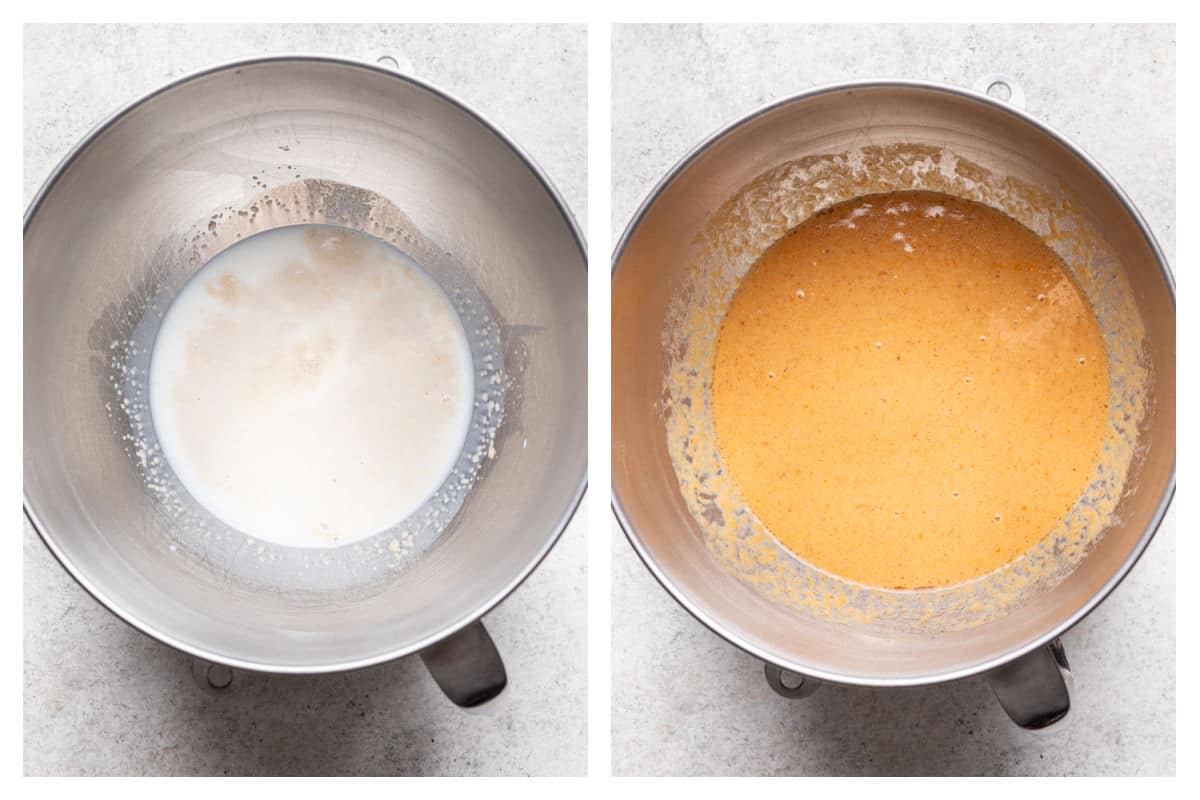 Yeast proofing in a mixing bowl next to pumpkin eggs and sugar added in.