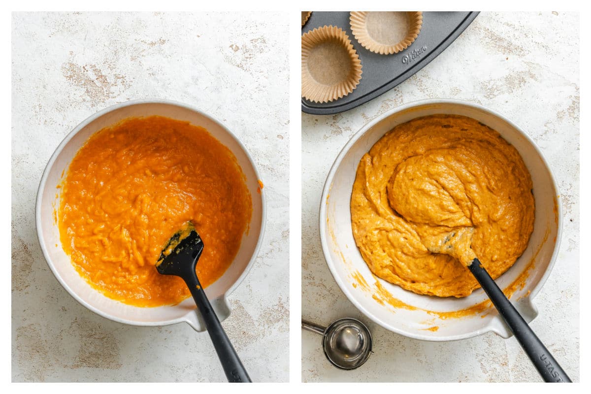 Ingrédients humides dans un bol à mélanger à côté de la pâte à muffins à la banane et à la citrouille.