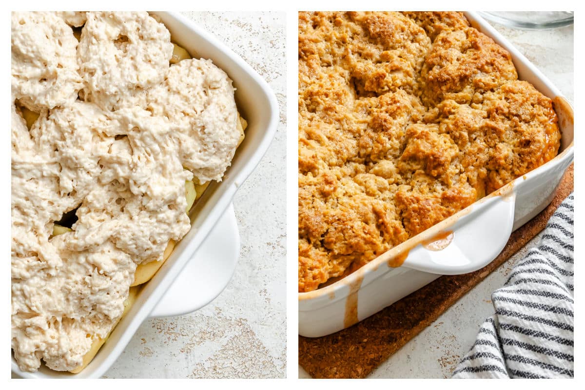 Dough spread over apples in a pan next to baked apple cobbler. 