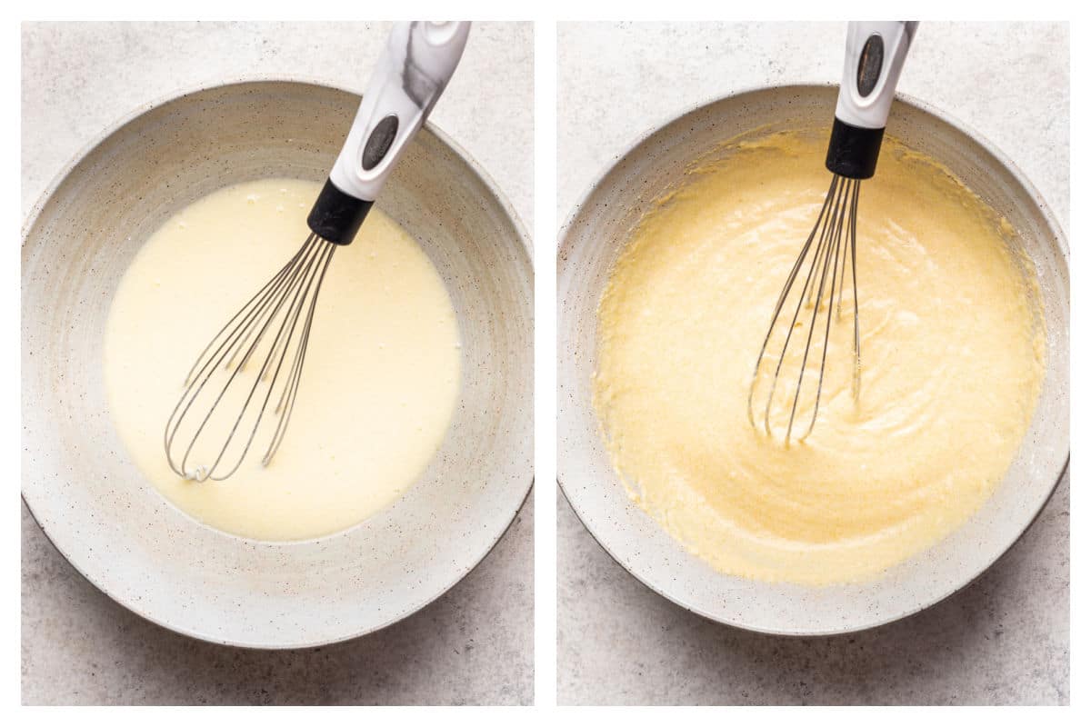 Ingrédients humides pour les gâteaux de maïs dans un bol.