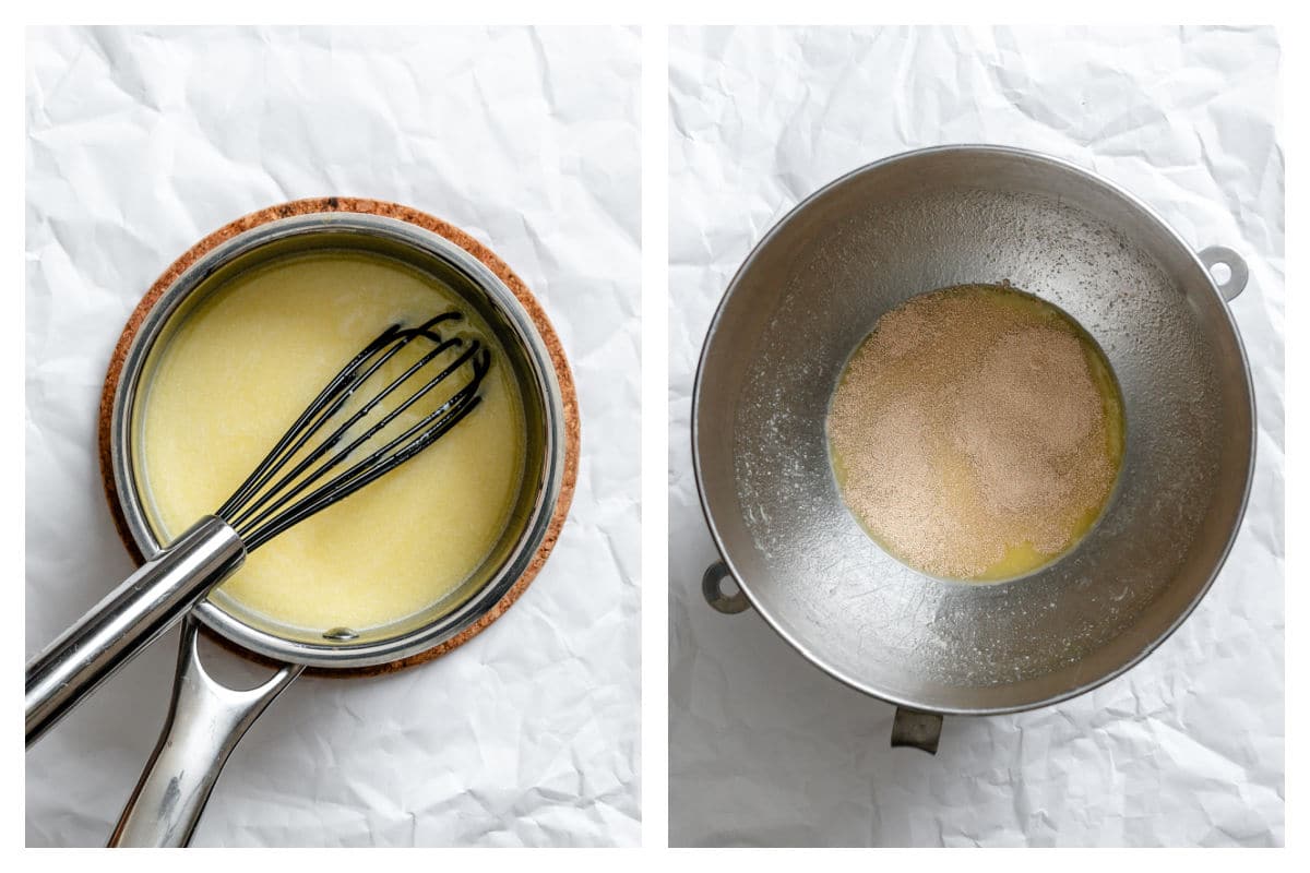 Butter milk and pineapple juice in a saucepan next to yeast proofing in the pineapple juice mixture.