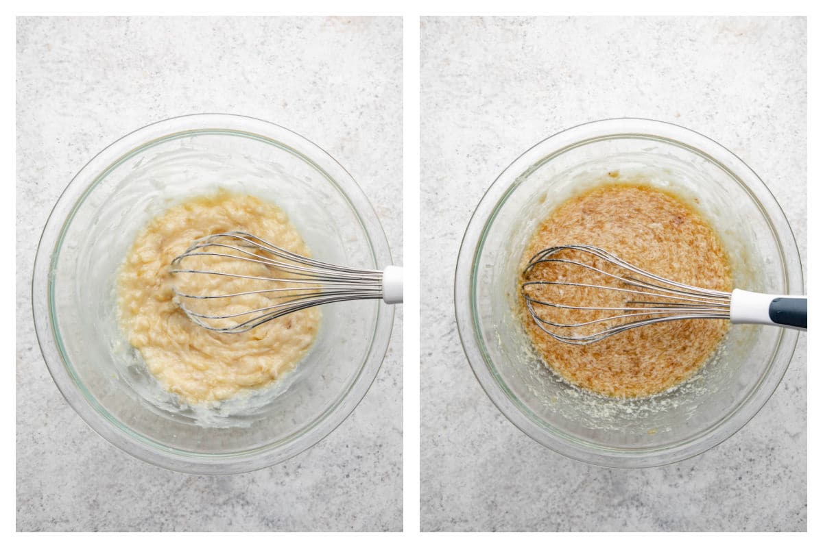 Melted banana and butter in a mixing bowl next to maple syrup egg and vanilla mixed in.
