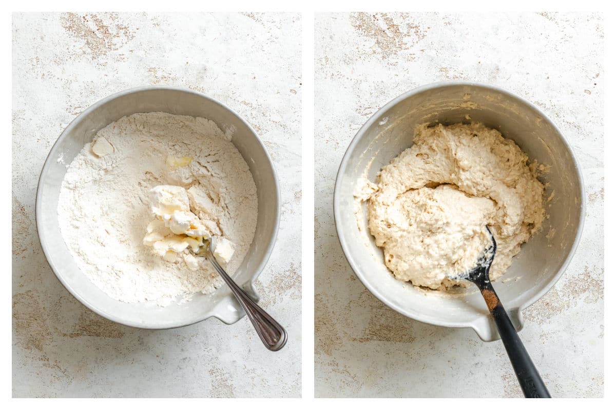 Butter cut into dry ingredients next to buttermilk mixed into topping dough.