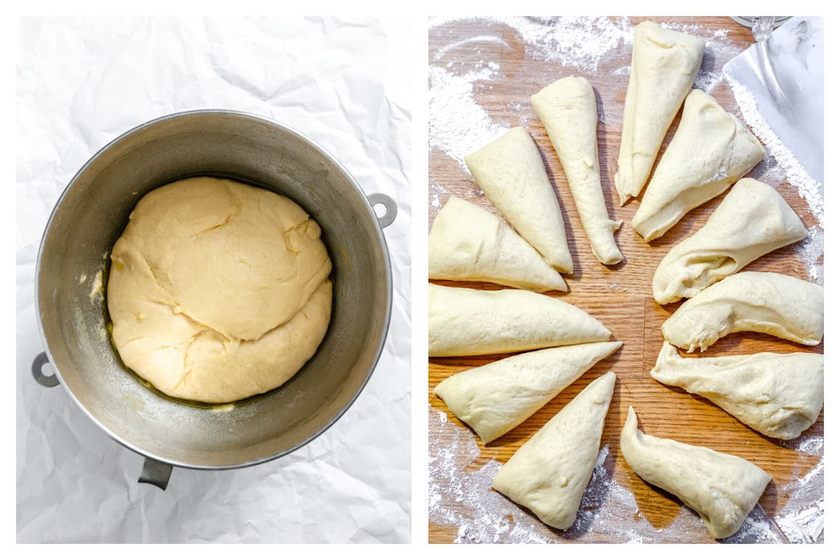 Risen dough in a mixing bowl next to dough cut into pieces.