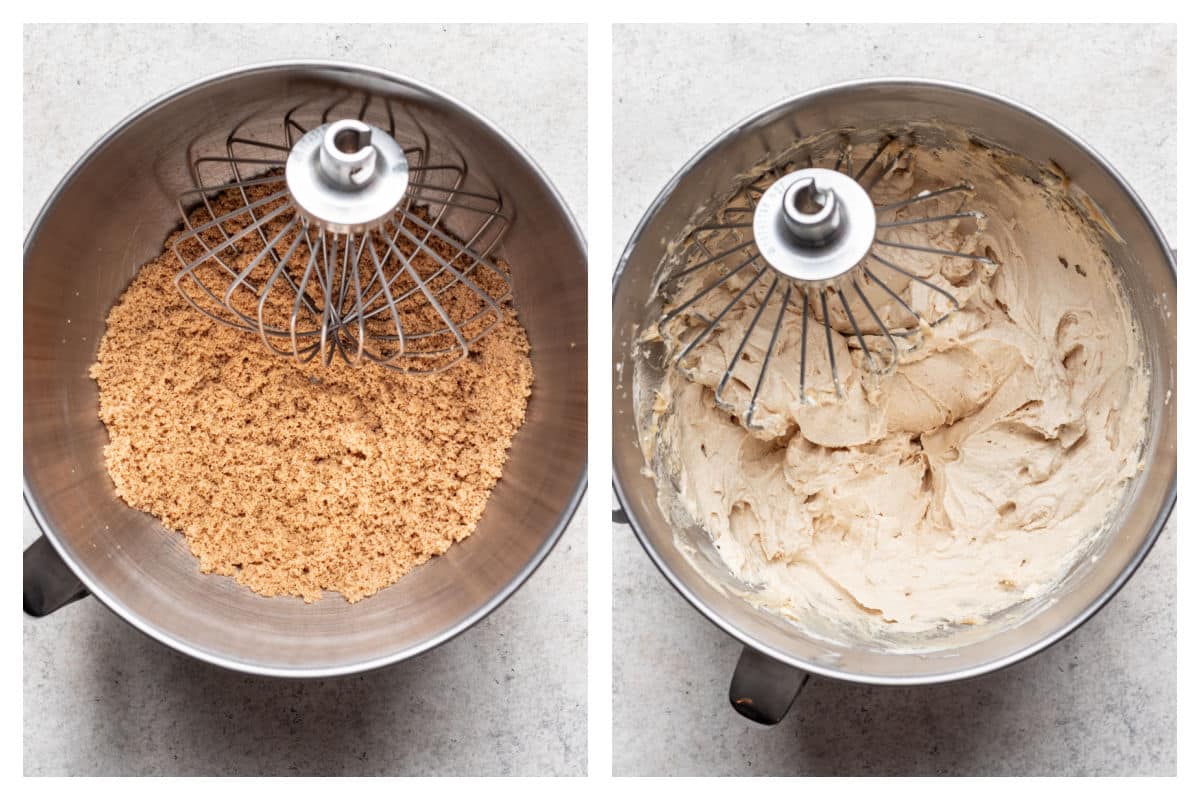 Brown sugar broken up in a bowl next to butter and cream cheese mixed in. 