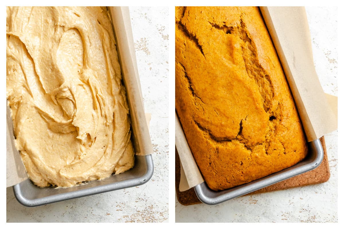 Sweet potato pie bread batter in a pan next to the baked loaf in a pan. 