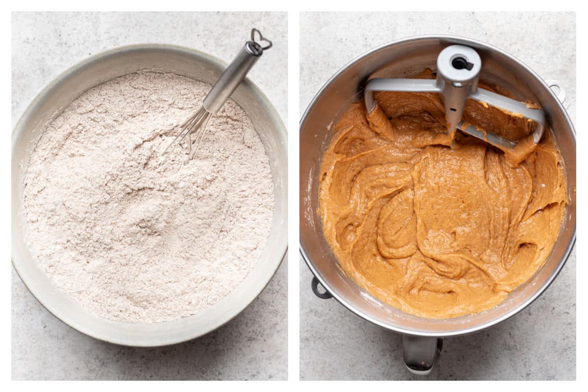 Dry ingredients in a bowl next to pumpkin cupcake batter in a mixing bowl.