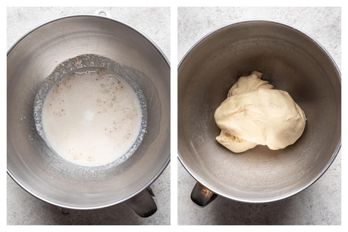 Levure en fermentation dans du lait à côté de la pâte à beignet à la levure dans un bol à mélanger.