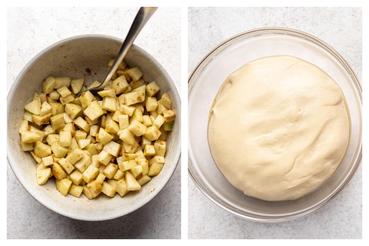 Apple cinnamon filling in a bowl next to risen bread dough in a bowl. 