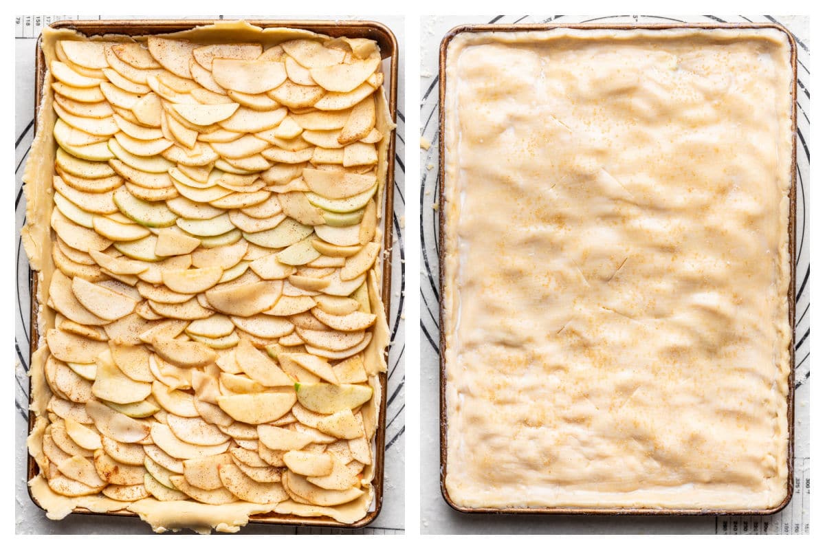 Apples in rows on pie crust and apples topped with second crust on the baking pan. 