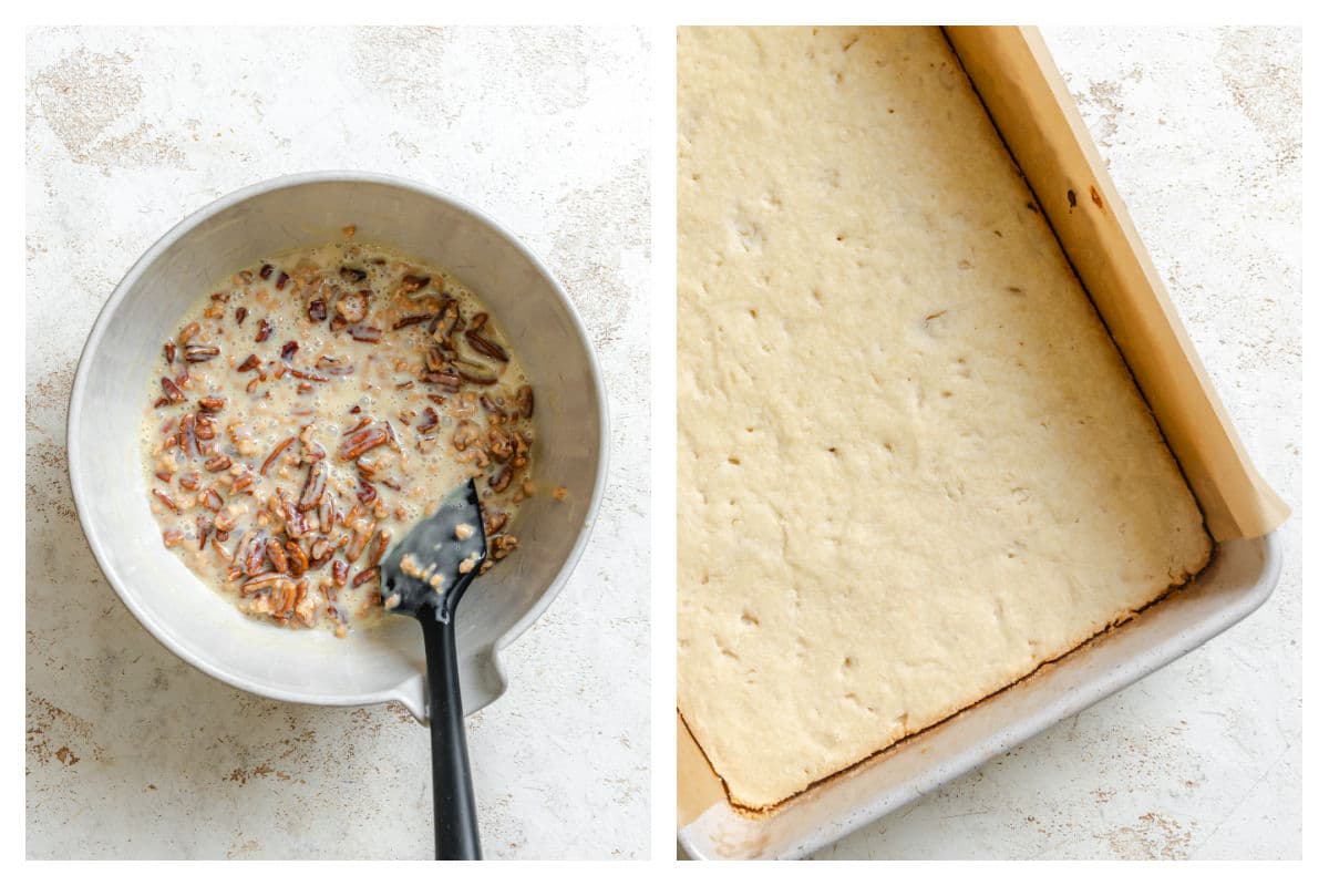 Toffee bits and pecans in wet ingredients next to prebaked crust. 