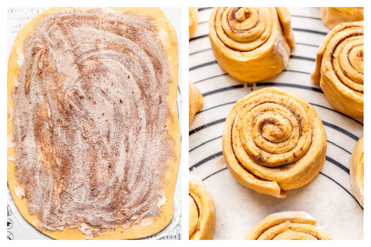 Cinnamon sugar mixture on rolled out dough next to rolled up pumpkin cinnamon roll dough.
