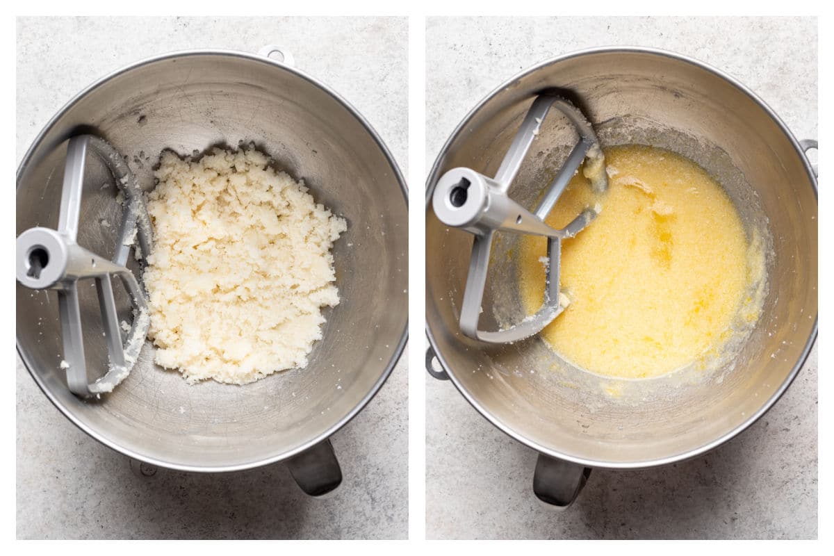 Creamed butter and sugar next to eggs mixed in. 