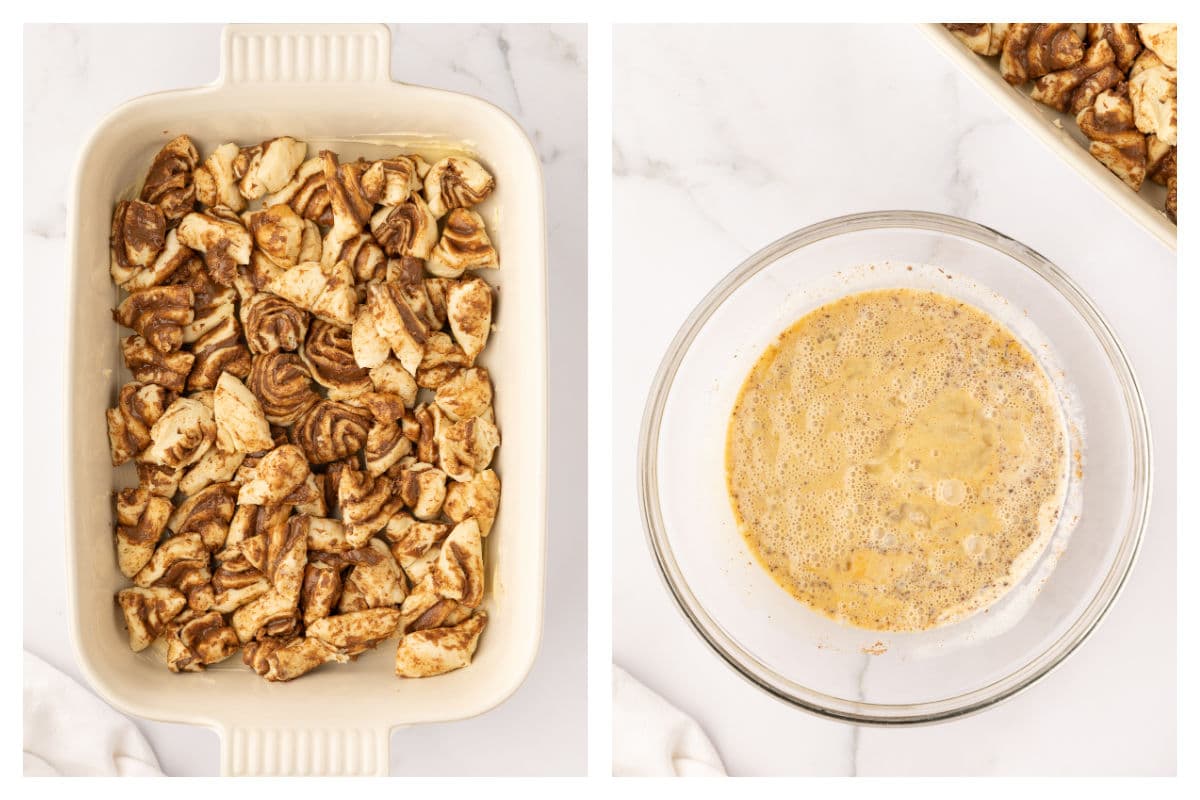 Cut cinnamon roll pieces in a baking dish next to custard in a mixing bowl.